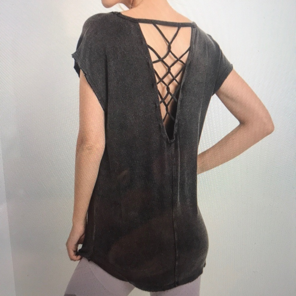 Charcoal lattice strap back longer length top